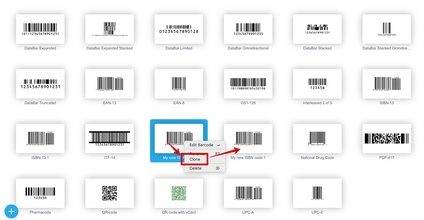 Barcodes can be cloned using the Clone item in the context menu