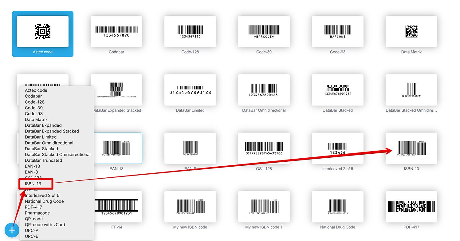 To make ISBN barcode click the plus button and select the ISBN-13 item