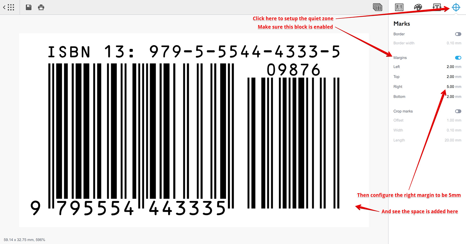Configure the quiet zone around the ISBN barcode using the marks panel on the right
