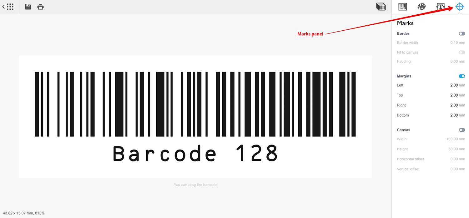 Marks panel of the Barcode generator