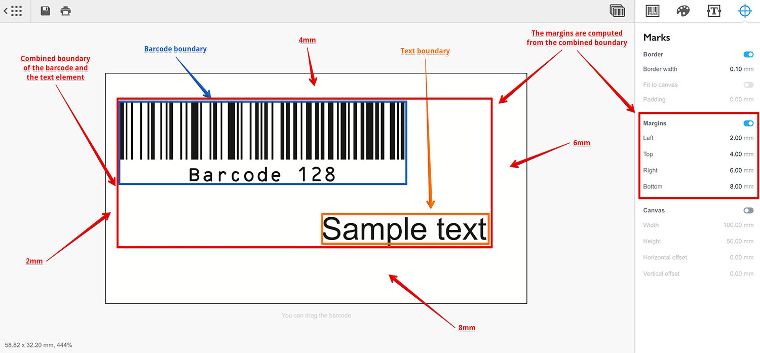 Barcode width different margins and the text element