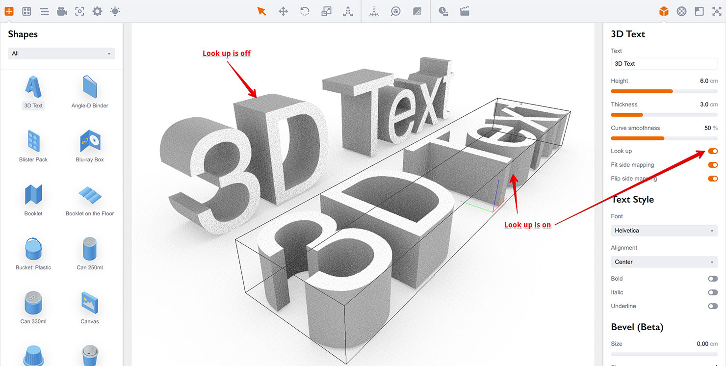 Look up option of 3D text object in Boxshot