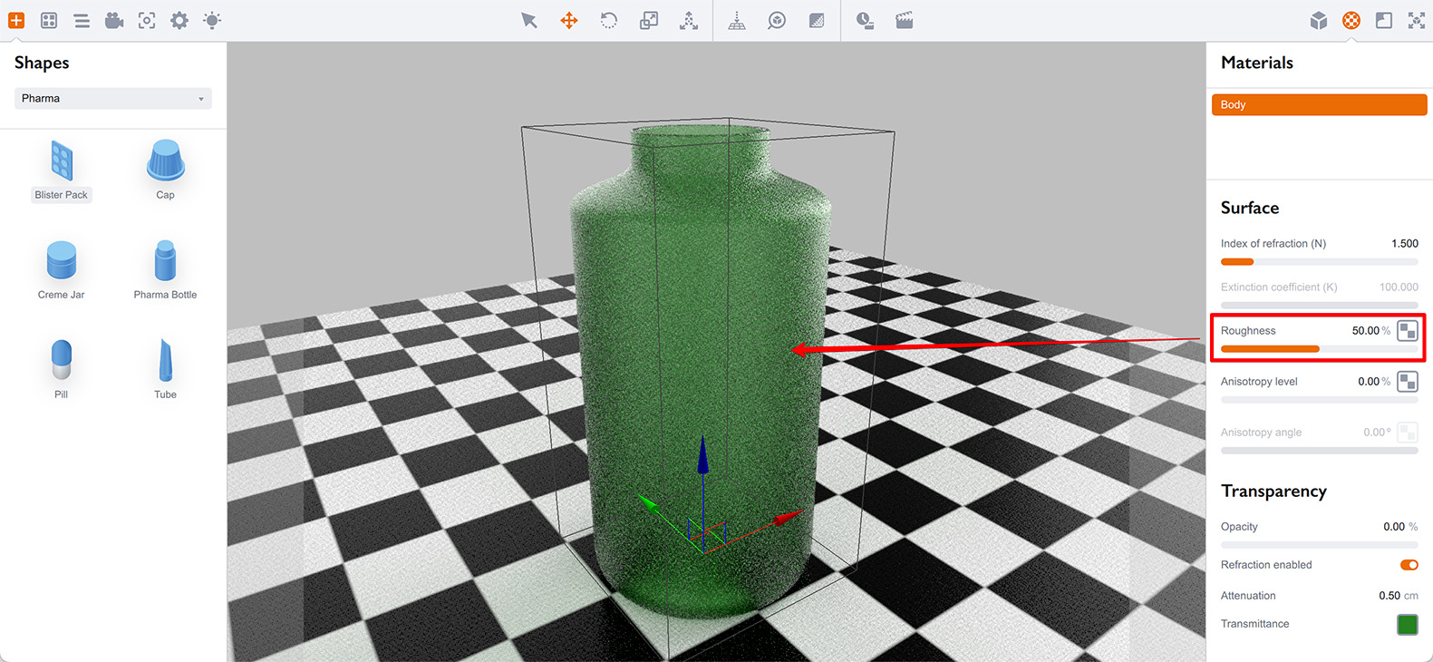 Make the frost glass material using surface roughness in Boxshot