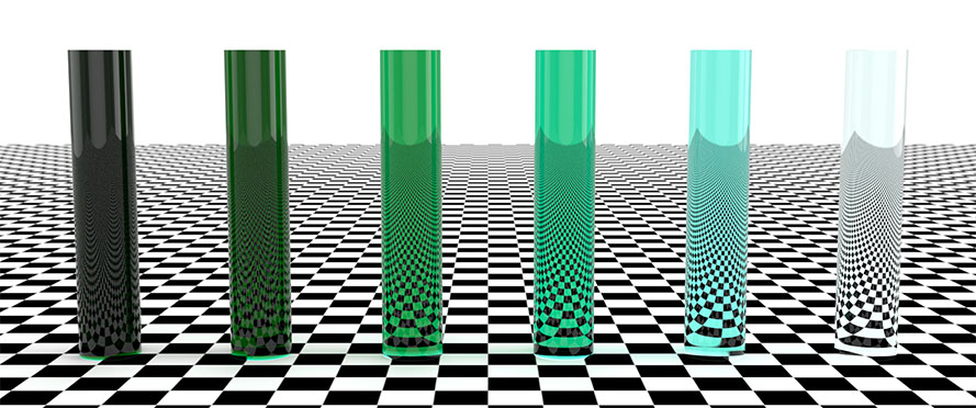 Translucent green glass cylinders rendered in Boxshot