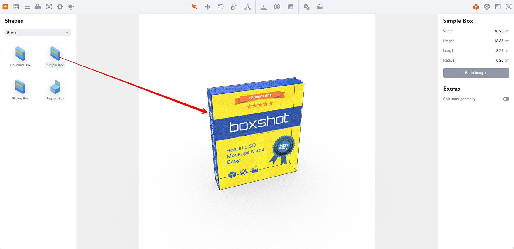 A box shape is added to Boxshot scene