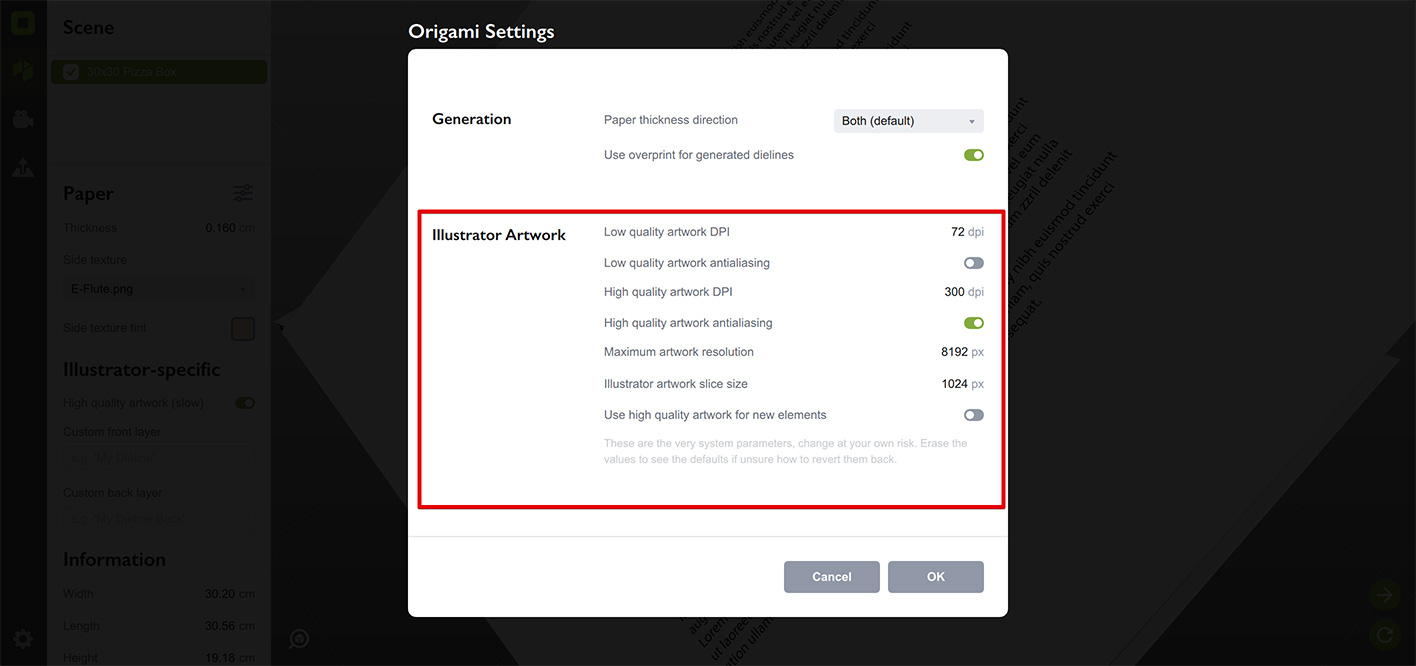 Artwork quality parameters in Origami settings window