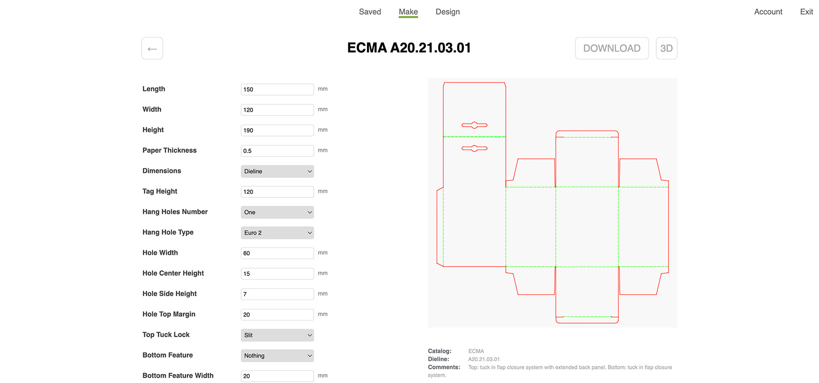 Online dieline generator