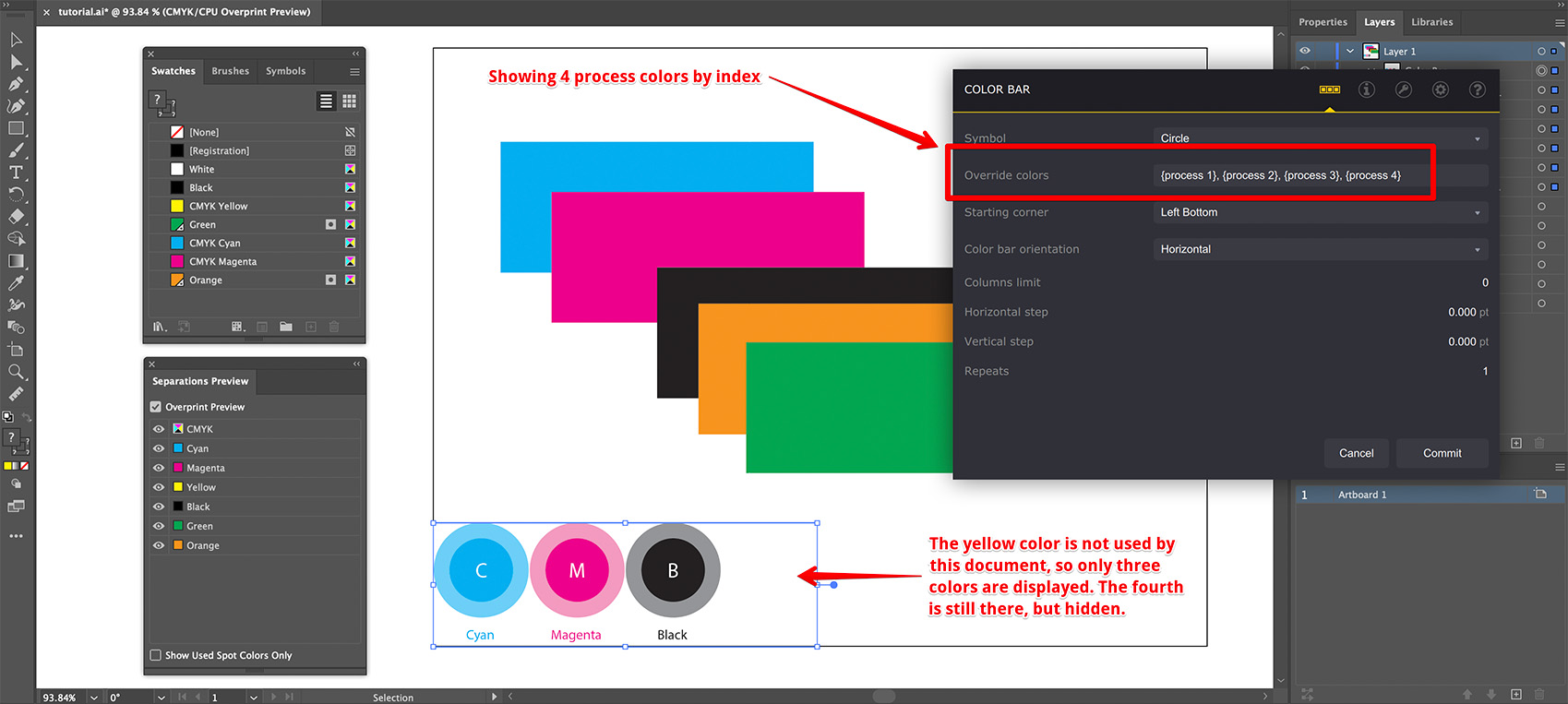 Showing all the available process colors