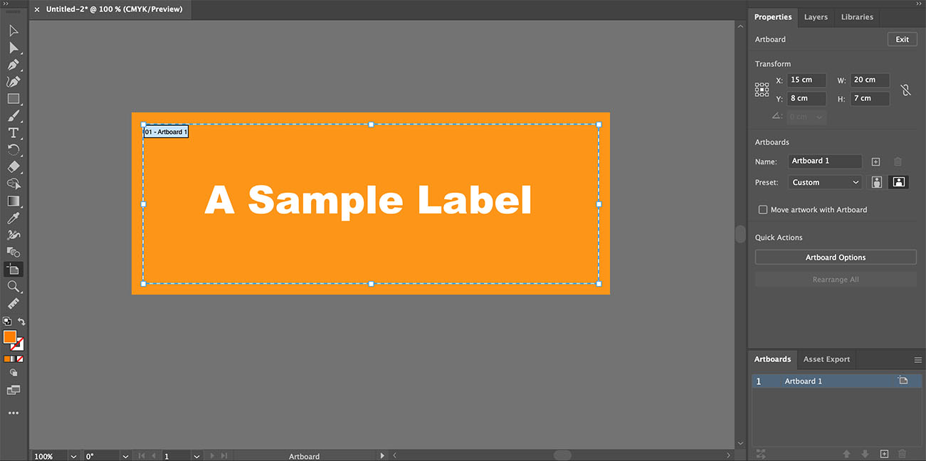 Simple sample label artwork with bleeds in Adobe Illustrator
