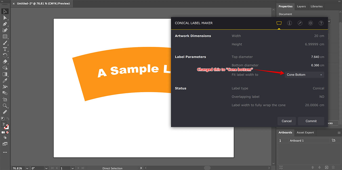 The label is updated in background when cone parameters are edited