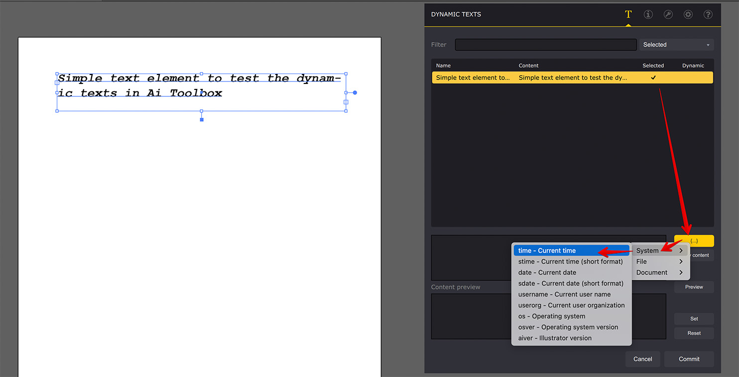 Using popup menu to add dynamic text variables