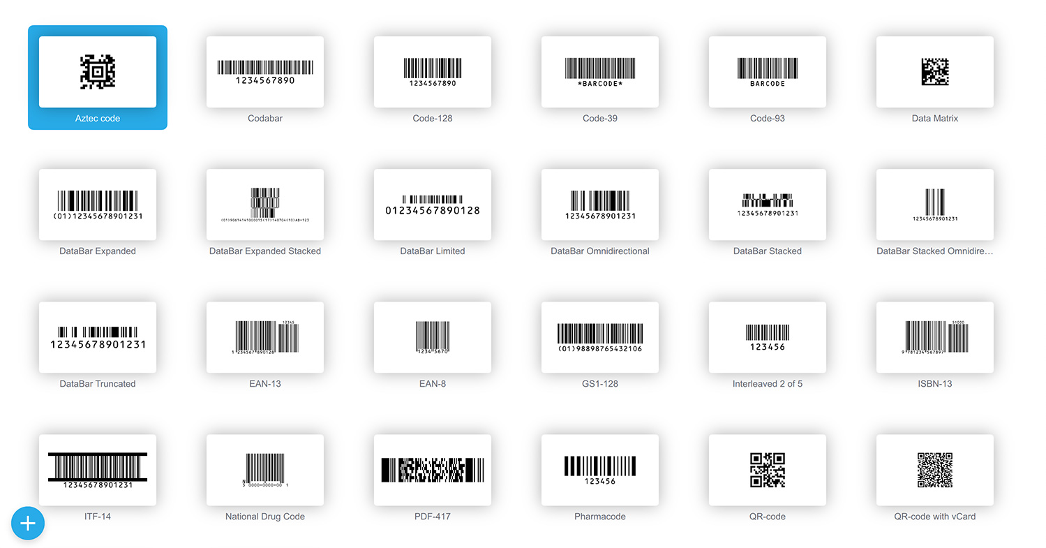 Barcode symbols supported by the barcode generator