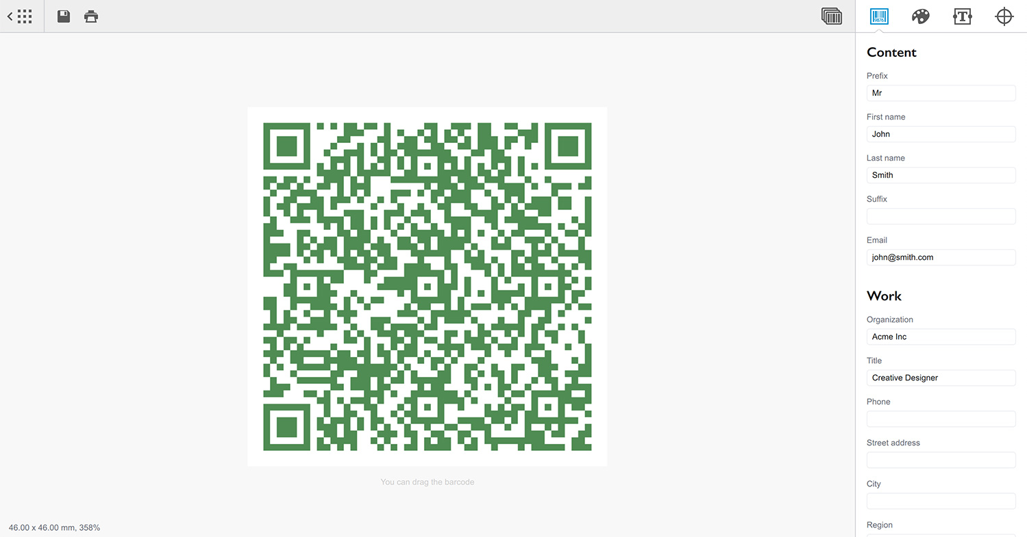 Making QR-Code with VCard in barcode generator