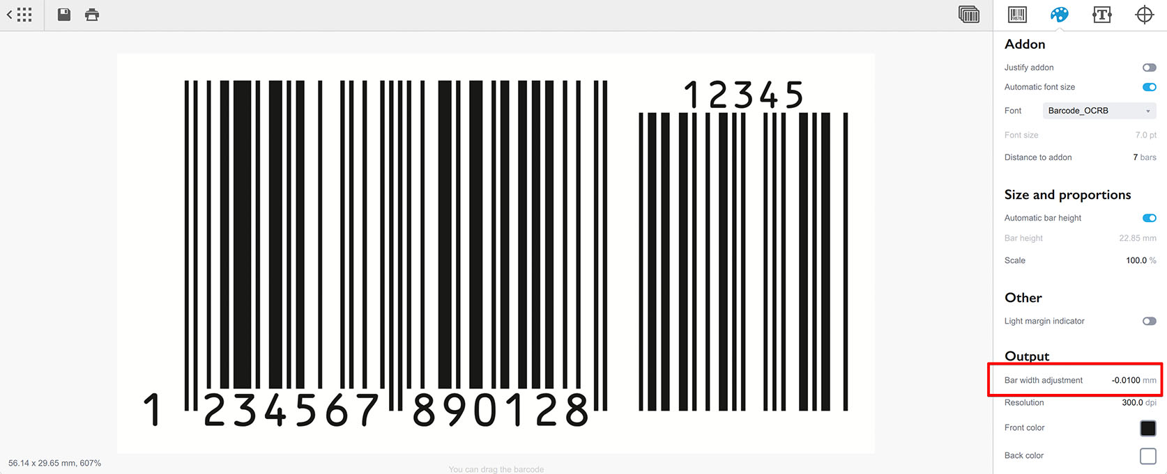 Adjusting bar width reduction in Barcode