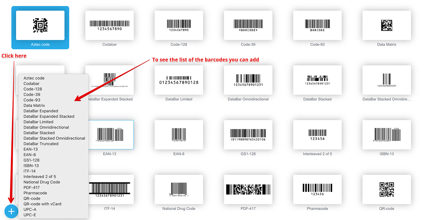 Clicking the Plus button opens a popup menu with all the barcode symbologies you can add