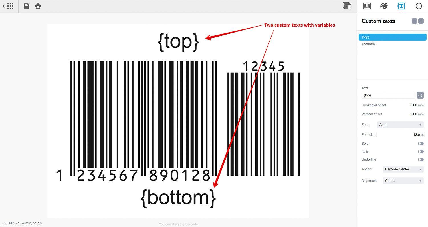 Two custom text variables added to the barcode design