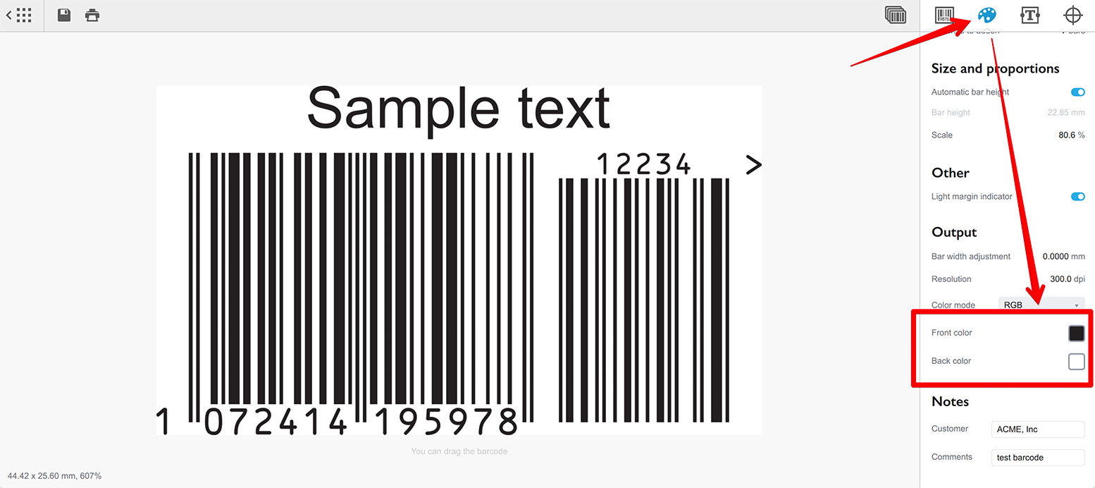 Front and back color pickers in Barcode