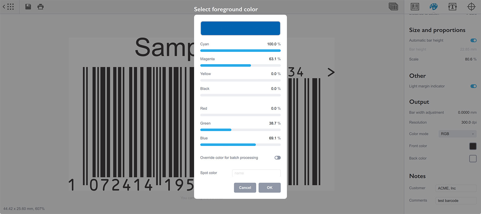 Front color picker with the barcode color configured