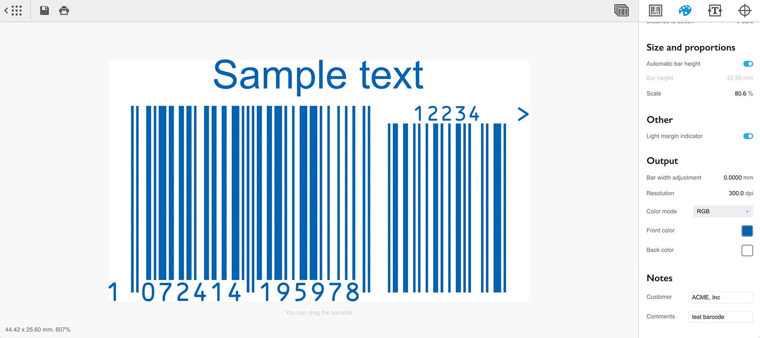 Selected color applied to the barcode