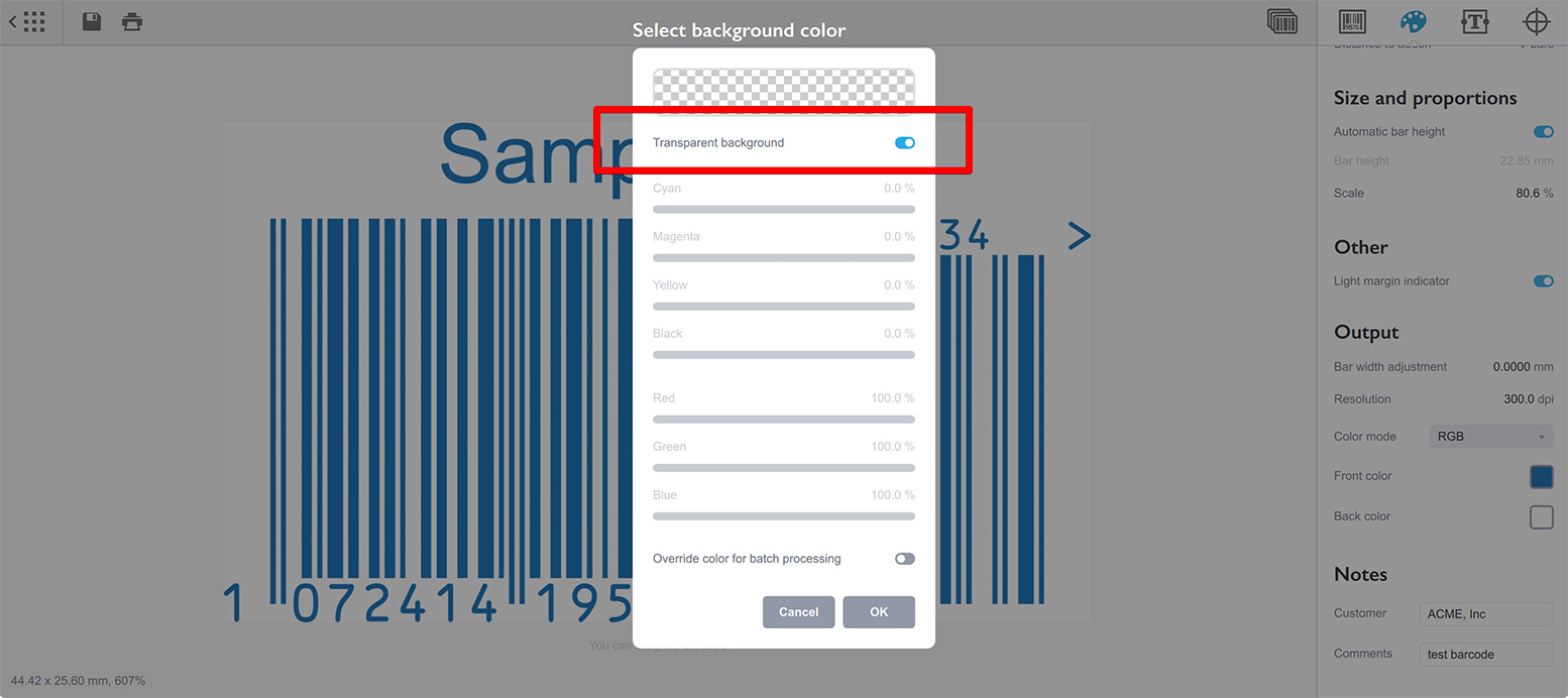 Transparent background option in color picker