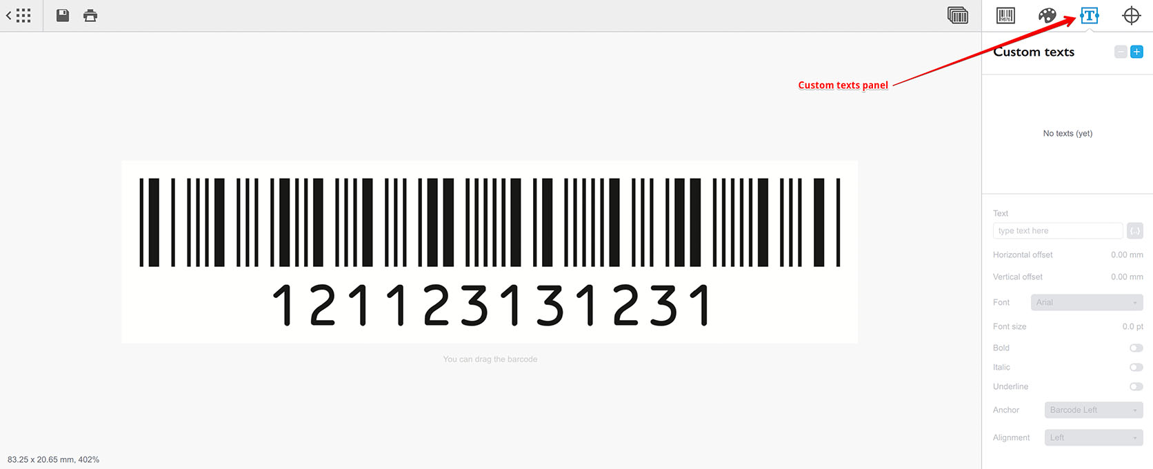 Custom texts panel of the barcode software