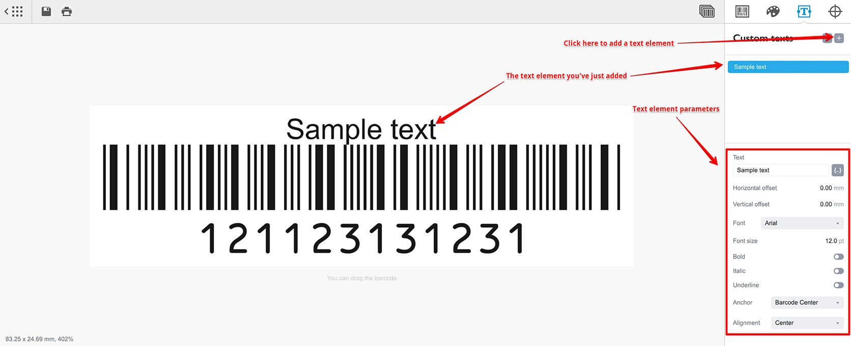 Adding text element to barcode