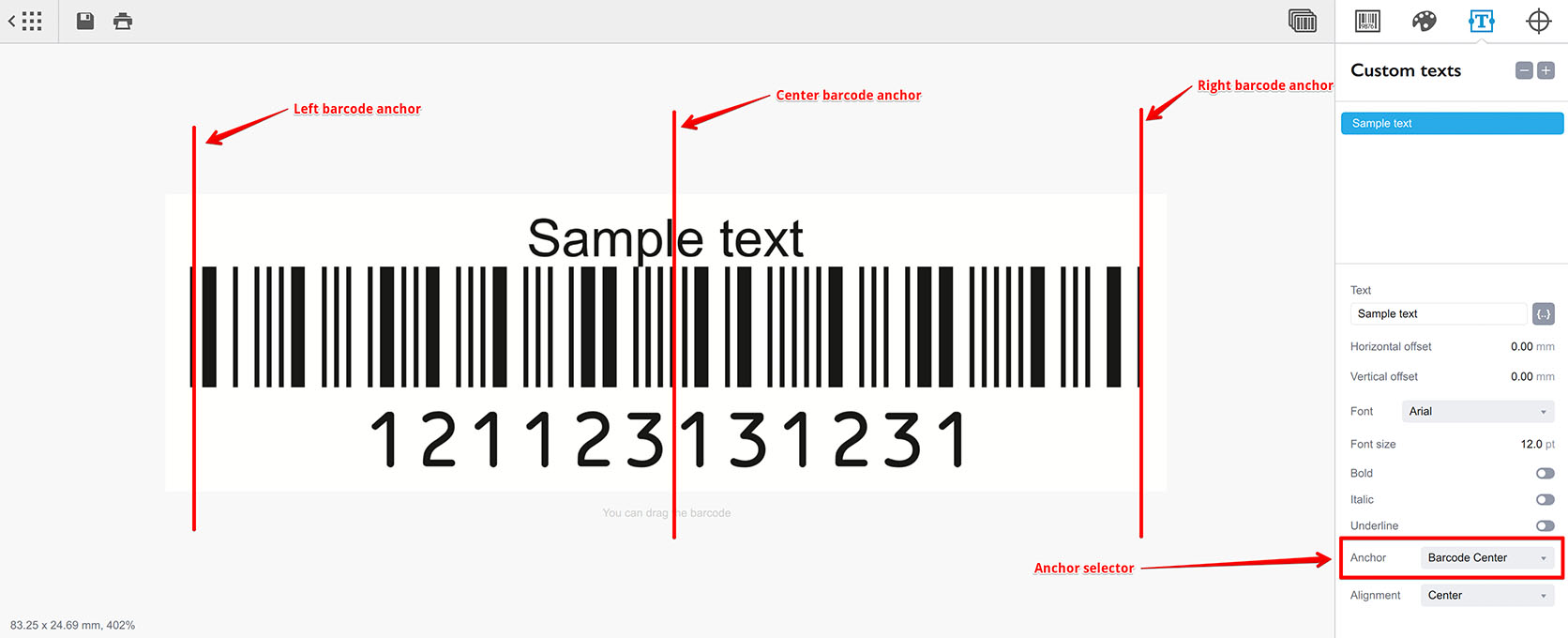 Two text elements with left anchor in Barcode