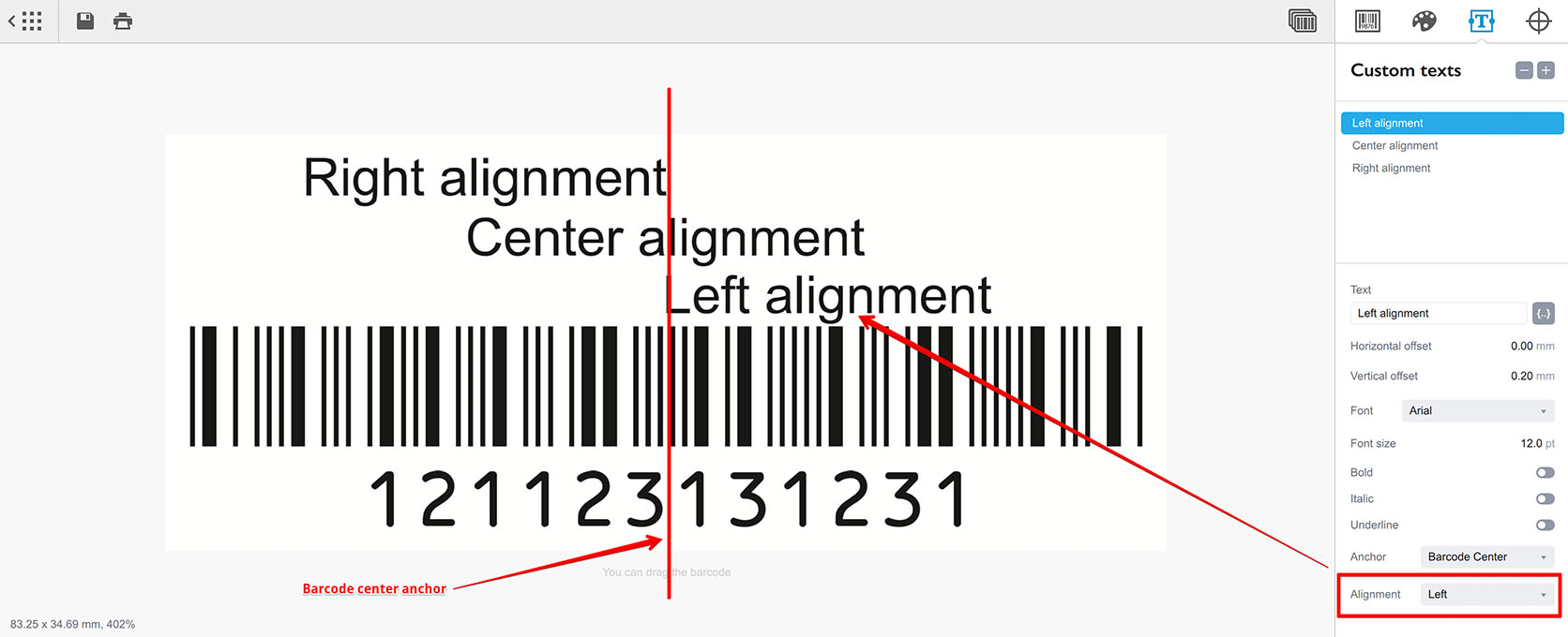Two text elements with center anchor in Barcode
