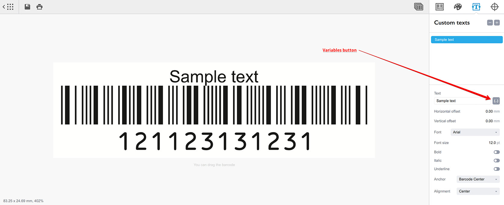 Variables button next to the text field in Barcode