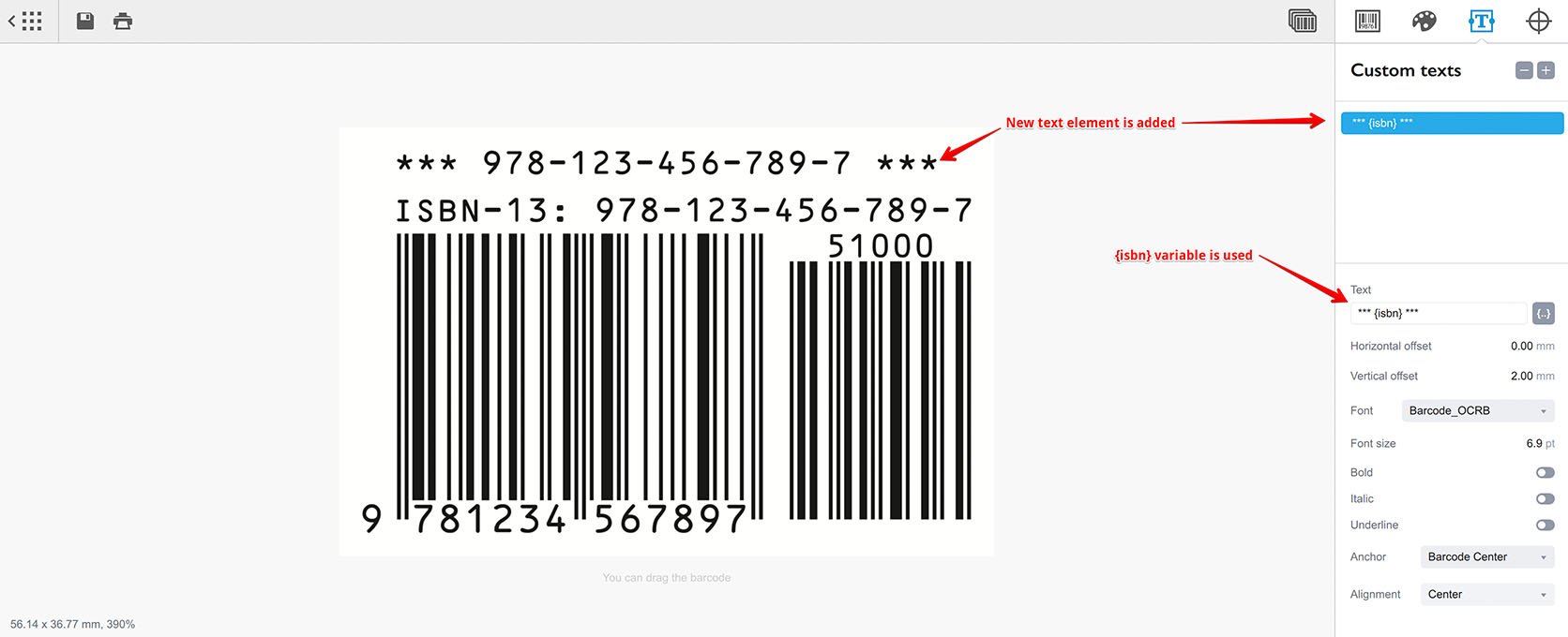 Adding a custom text to ISBN barcode