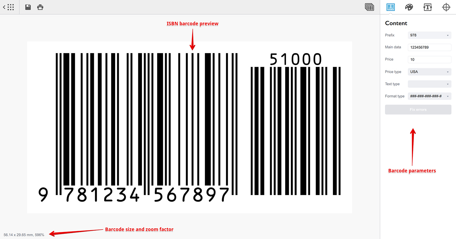 ISBN barcode generator shows the preview and the parameters panel where you can setup the barcode