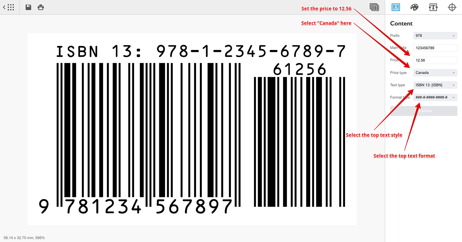 Configuring the ISBN barcode to display the Canadian price and ISBN text on top
