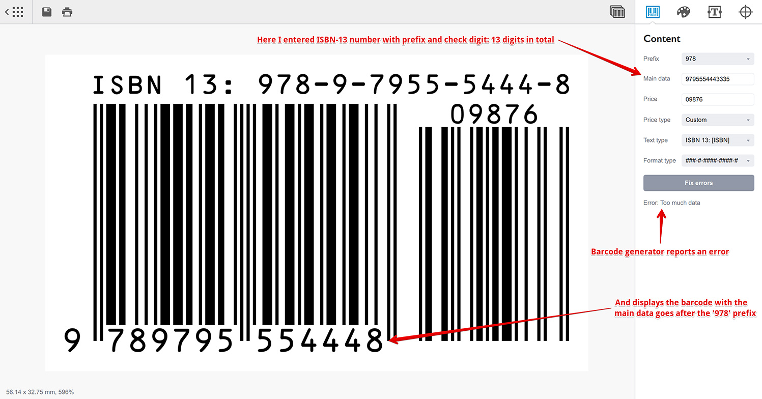 Barcode generator reports an error if too many symbols are entered