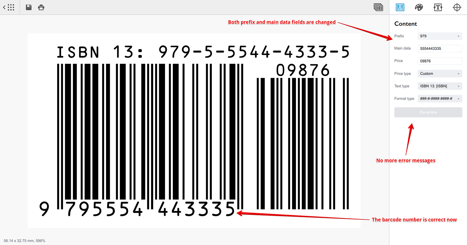 Barcode generator automatically detects ISBN prefixes when fixing input errors