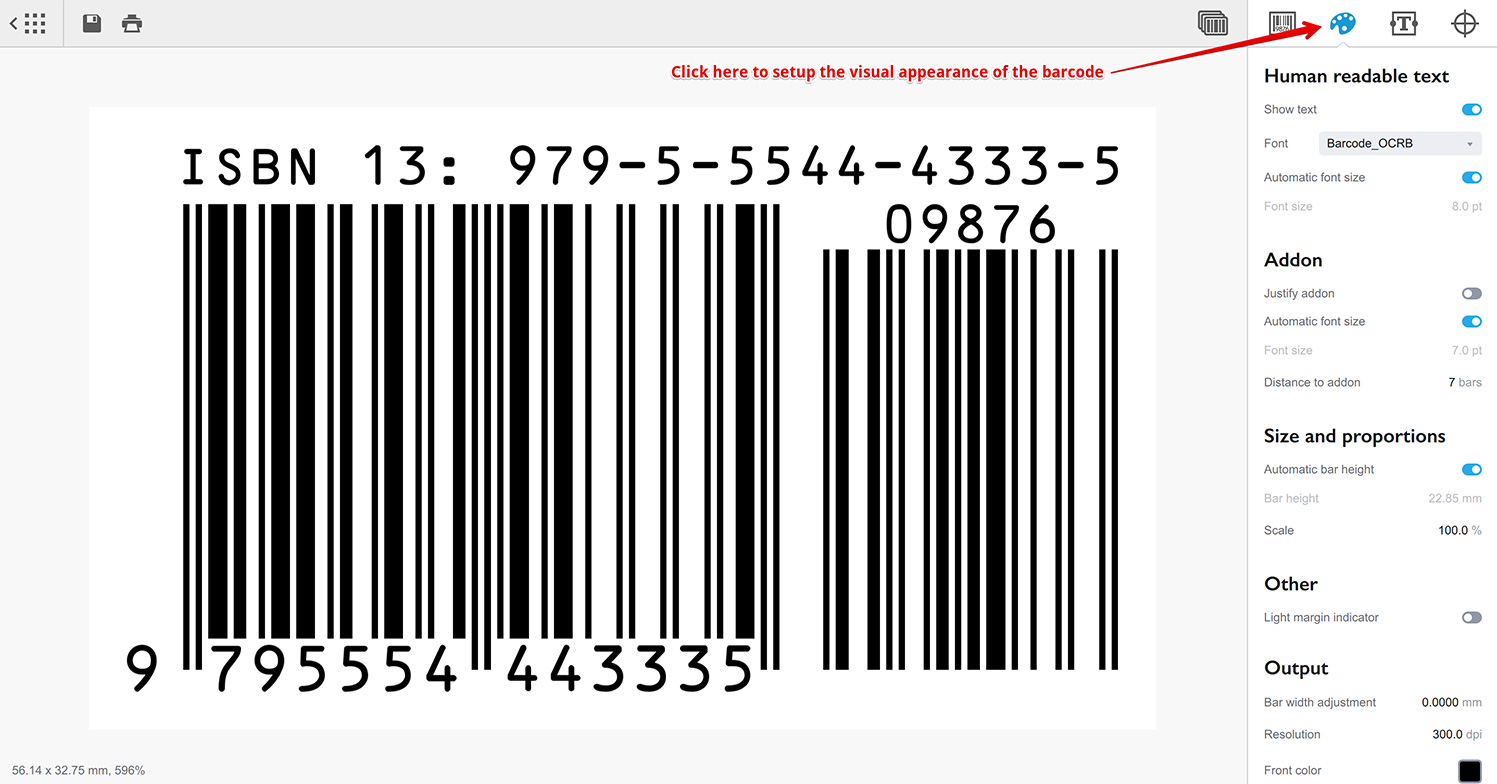 Now you can configure the visual representation of the ISBN barcode using the second tab of the right panel