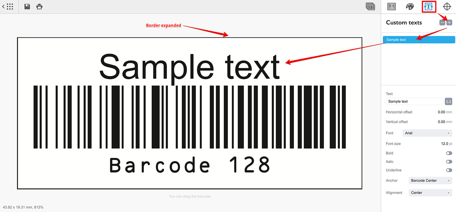 Adding custom text to the barcode to see how it affects the border