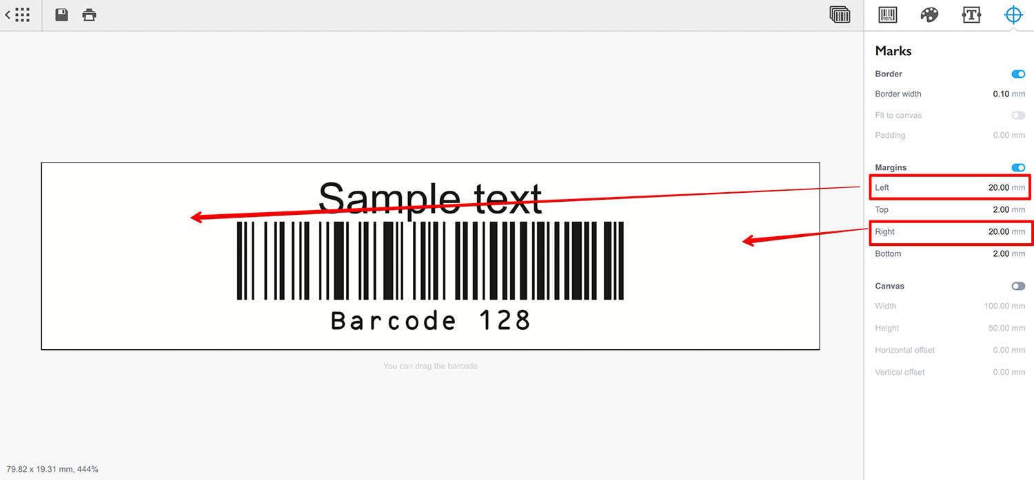 Increasing left and right margins of the barcode