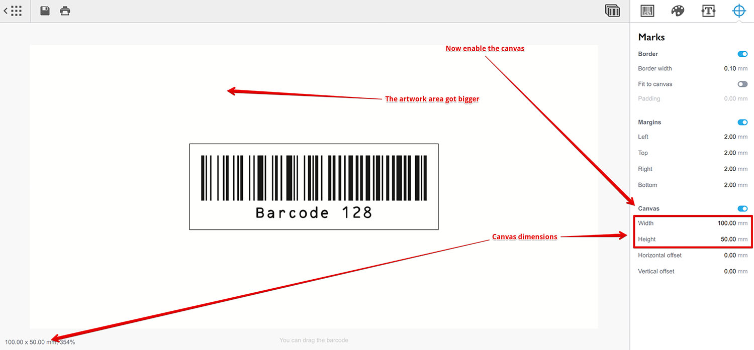 Canvas feature is enabled in Barcode