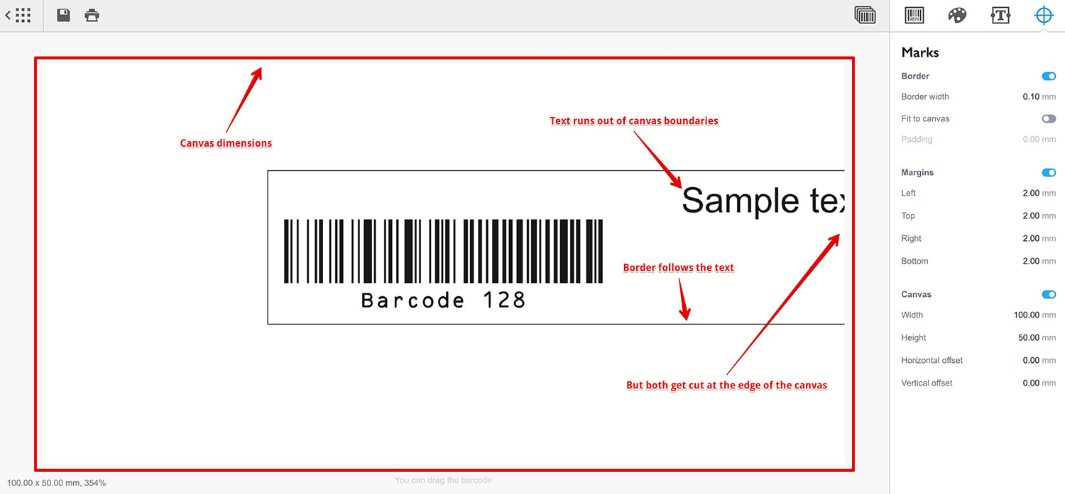 Custom text element running out, barcode and margins constrained by the canvas size