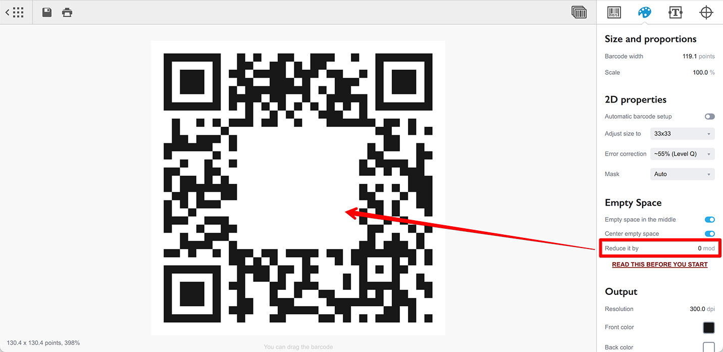 Reserving as much empty space as possible for the image in QR code