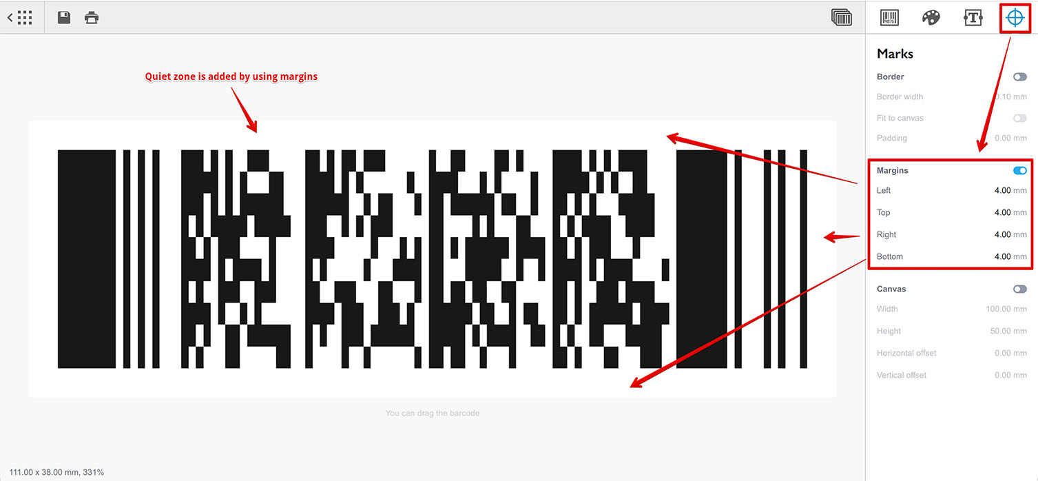Adding quiet zone around PDF-417 barcode using margins