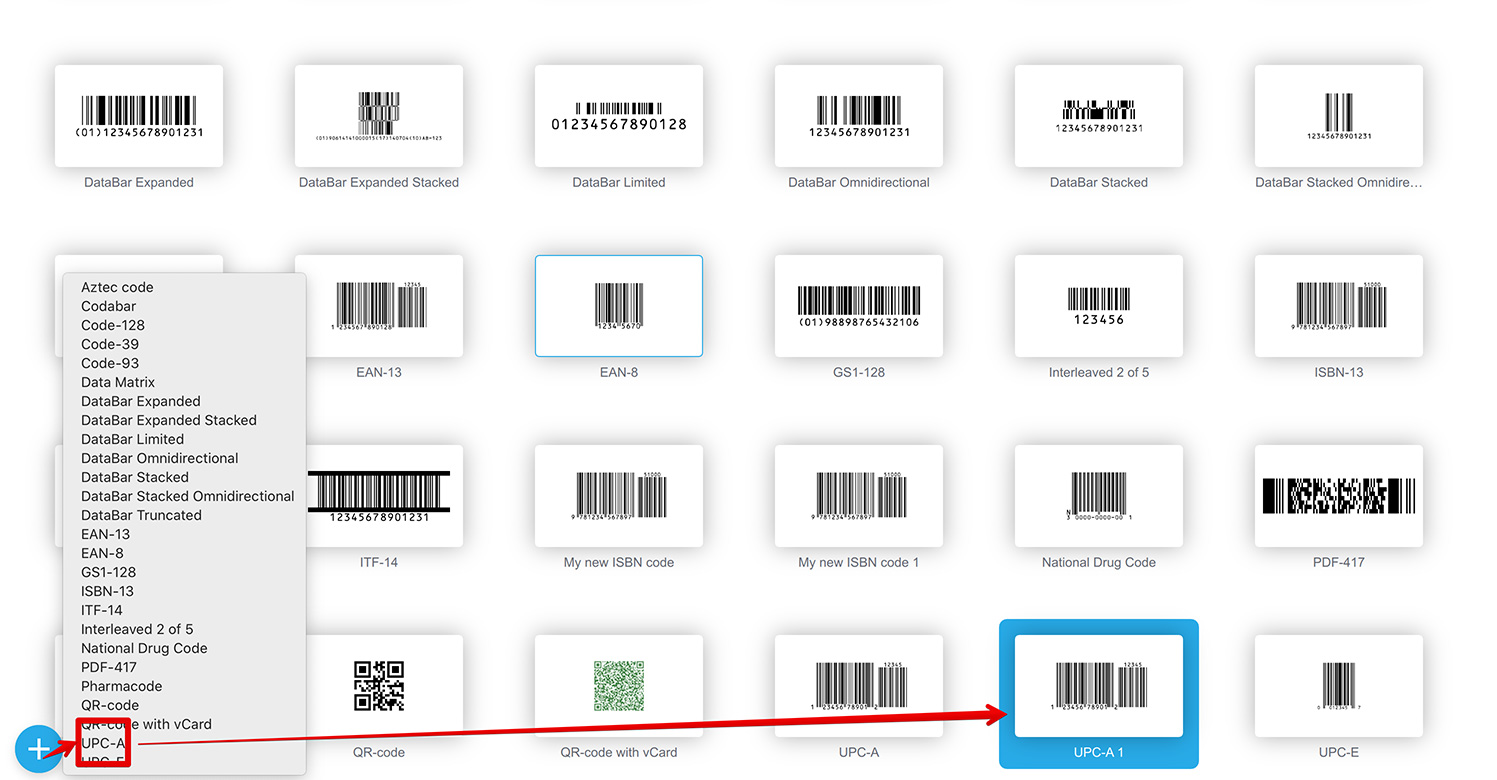 Creating new UPC-A barcode using the plus button in the Barcode generator software