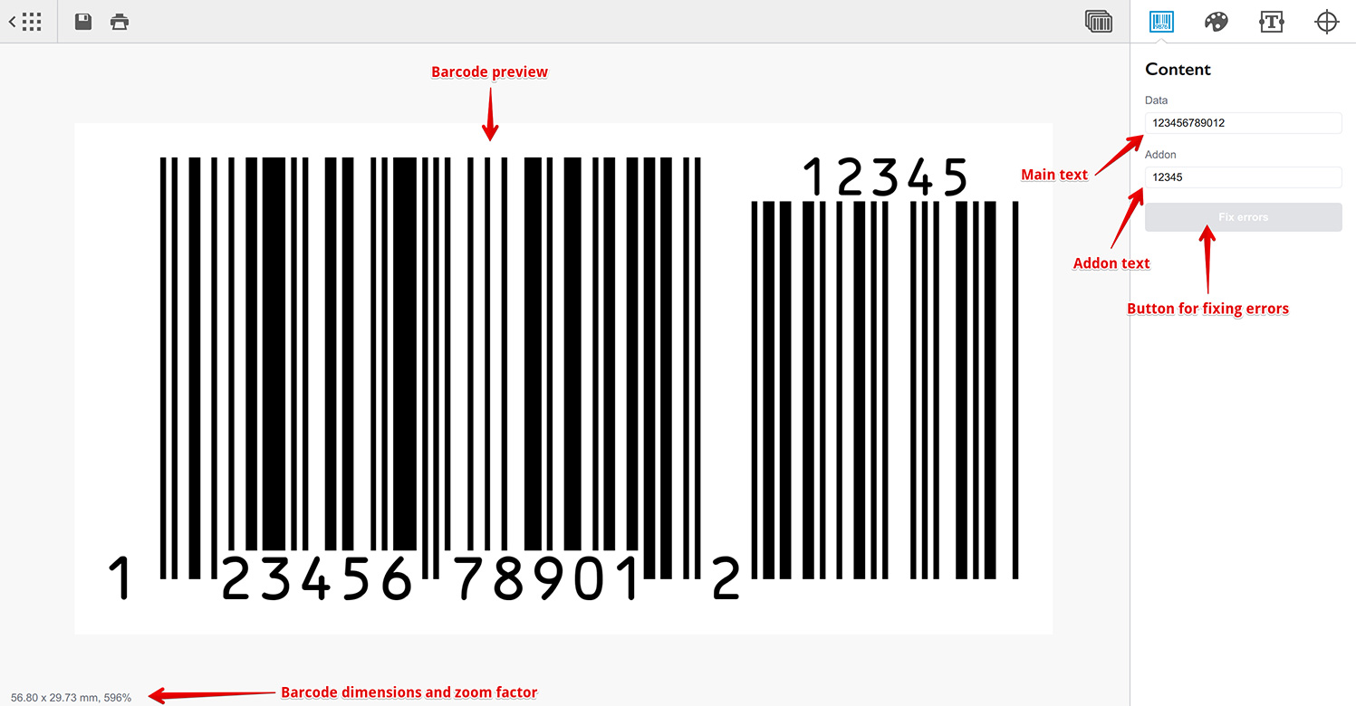 Editing the UPC-A barcode - providing the main text and add-on data