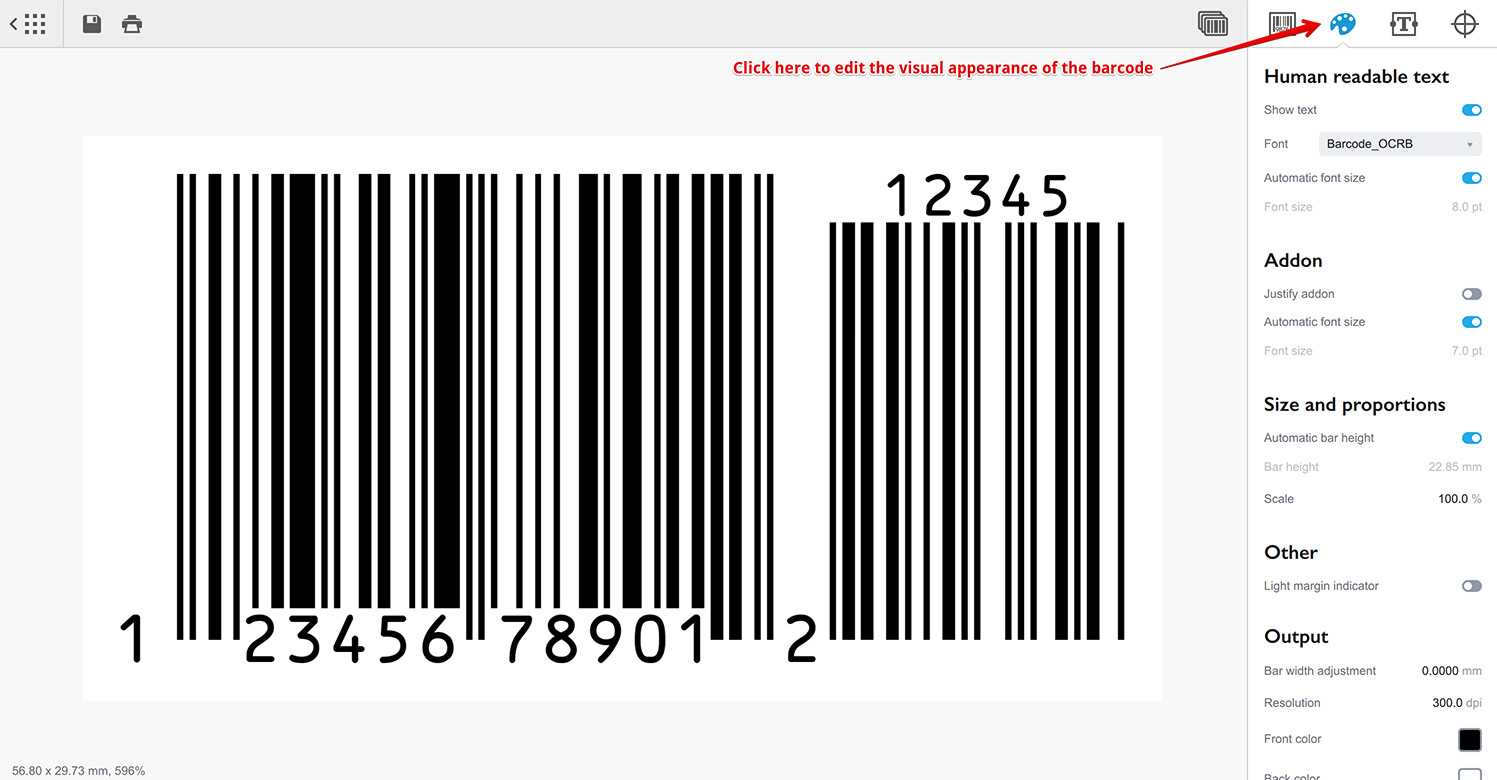 Configuring the visual appearance of UPC-A barcode in generator