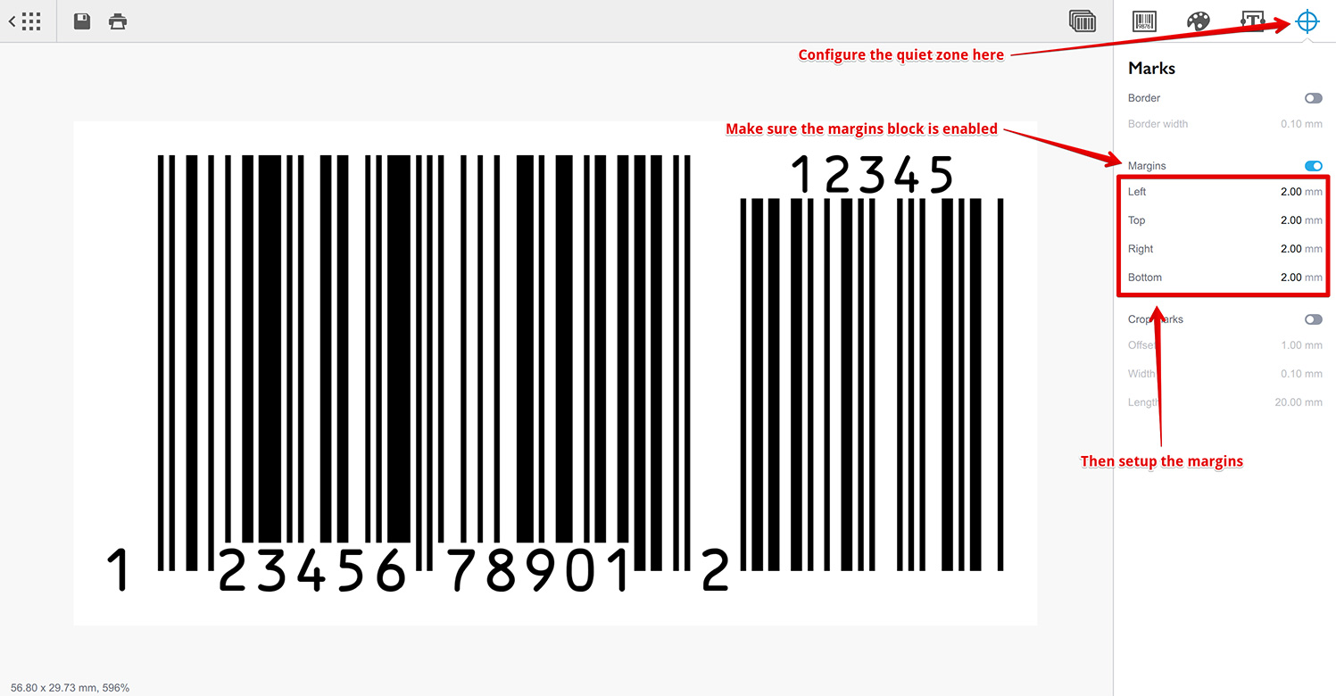 Quiet zone can be configured at the right most tab of the barcode editor
