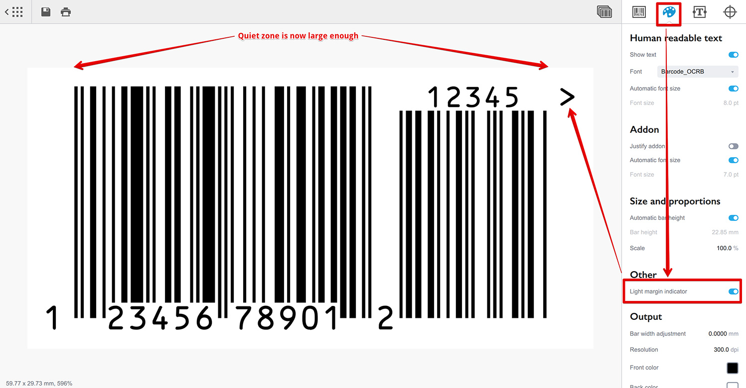 Light margin indicator is enabled and the quiet zone of the barcode is now large enough to match the standard