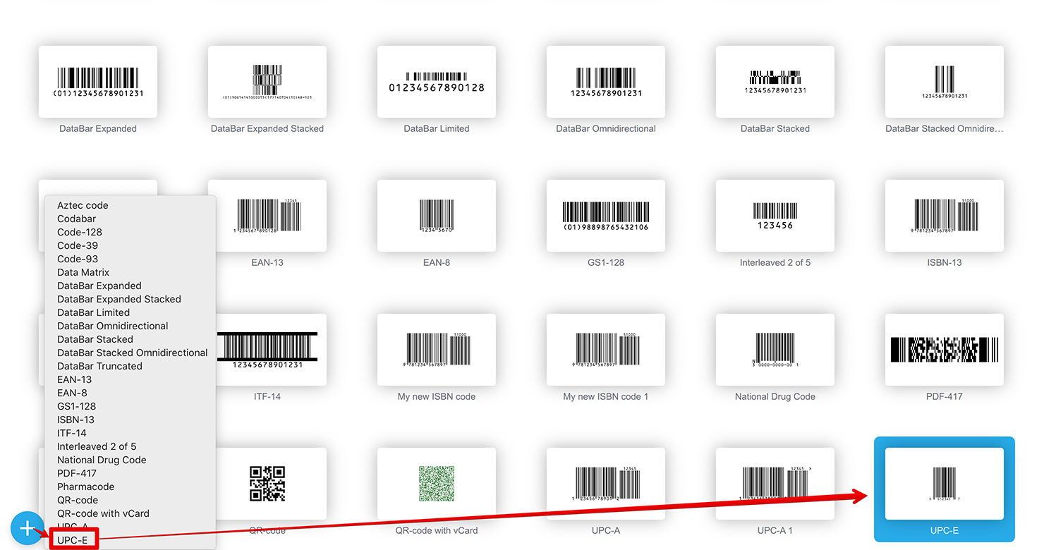 Use the plus button to generate a new UPC-E barcode