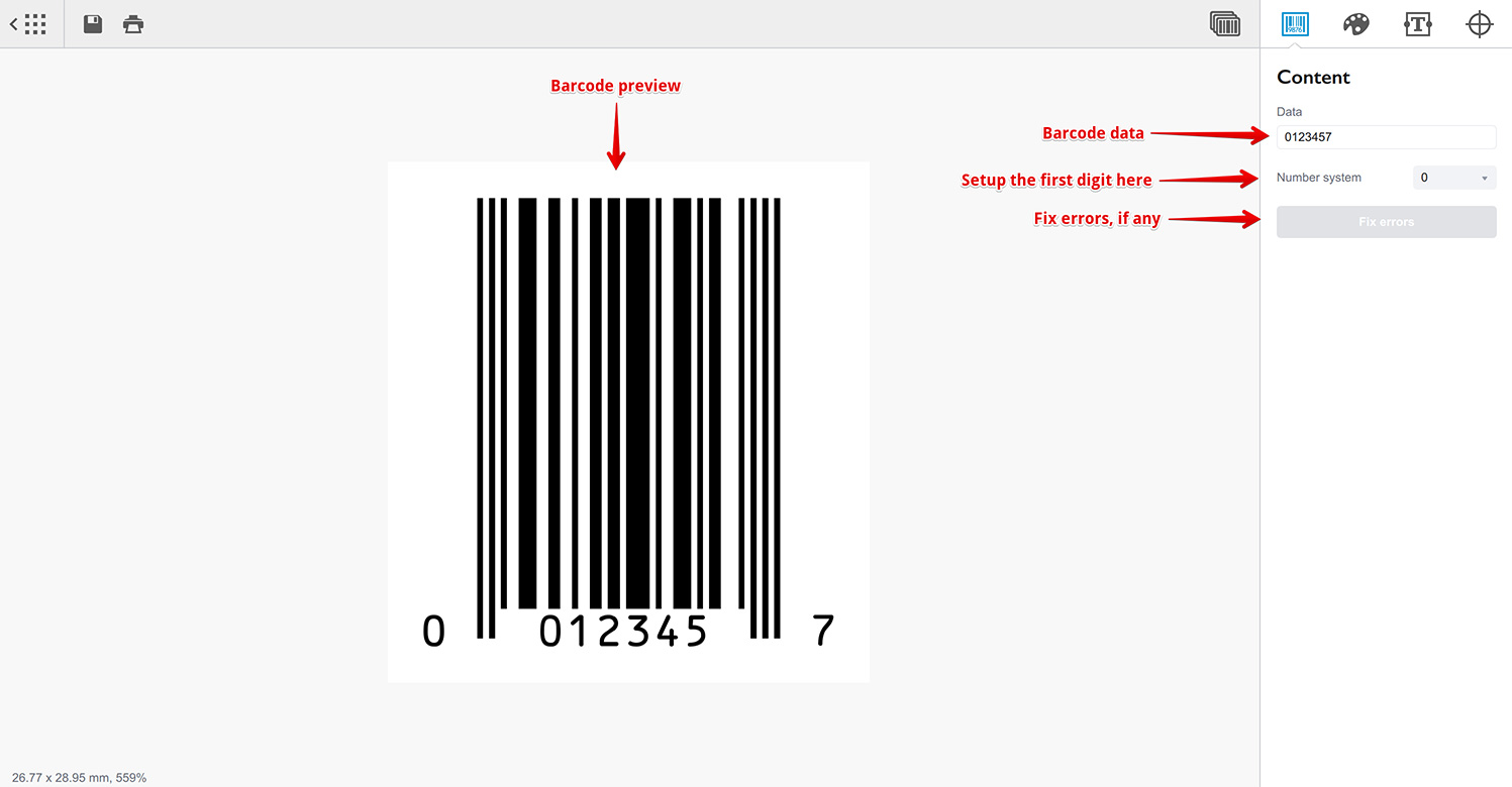 Configure UPC-E barcode data and number system, fix errors if any