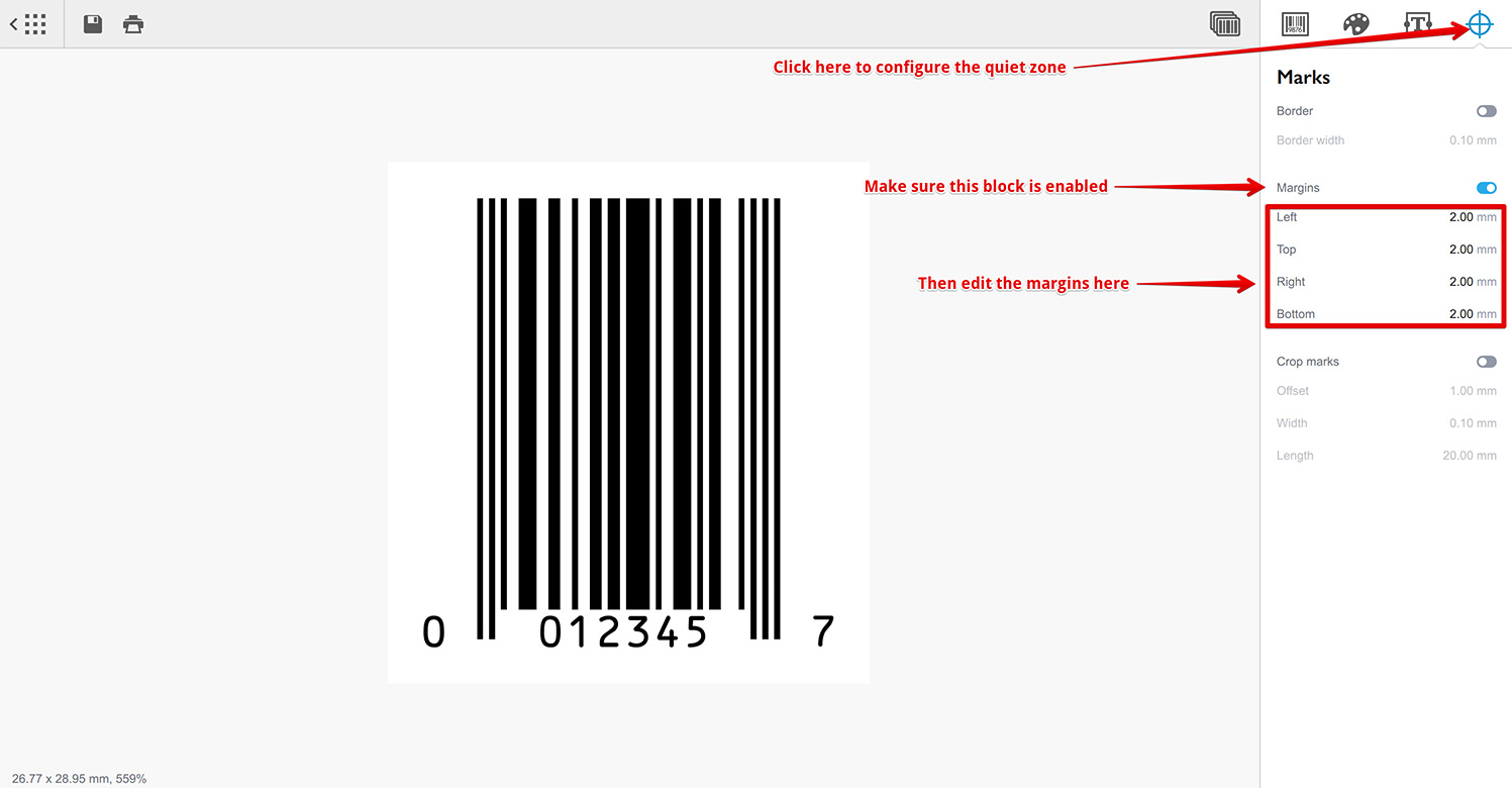 UPC barcode generator lets you configure the quiet zone of the barcode