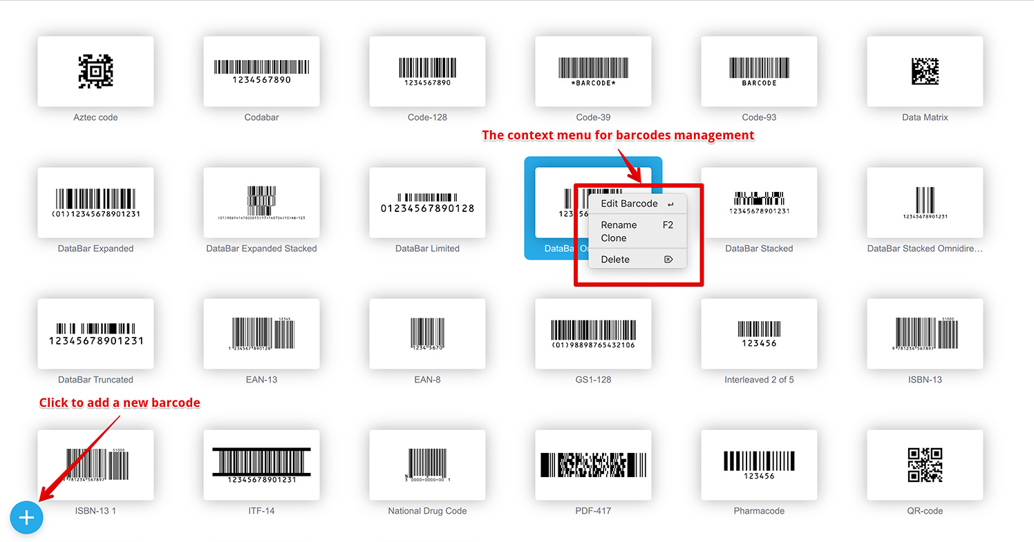 Barcodes can be added, renamed, cloned or deleted using the context menu and plus button
